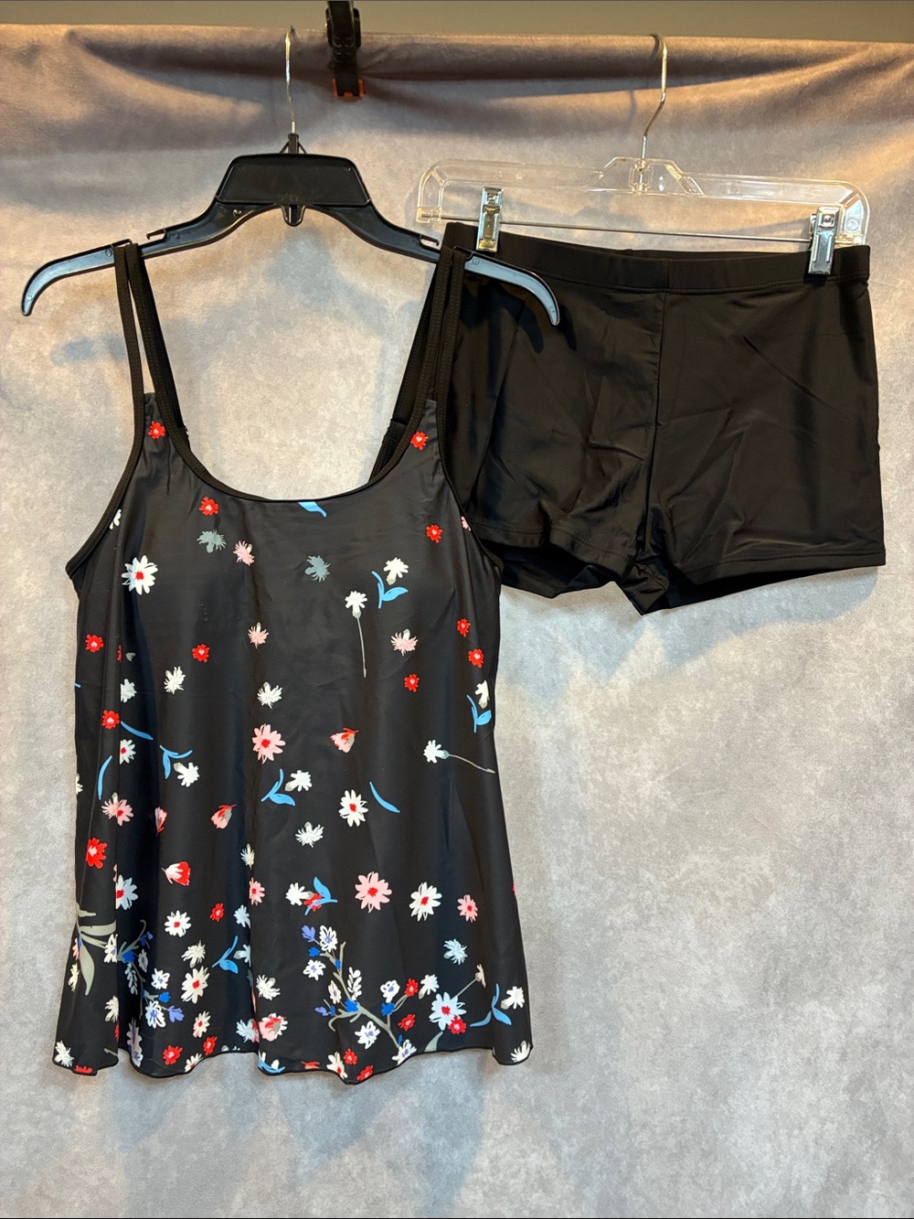 Black Floral Tankini Top with Swim Shorts - Women's One-Piece Style Set